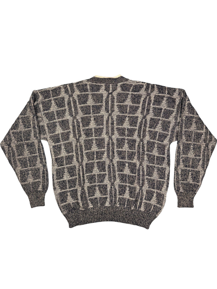 Bentley Casuals Grey Patterned V-Neck Sweater - L - Think Vintage Online Ltd