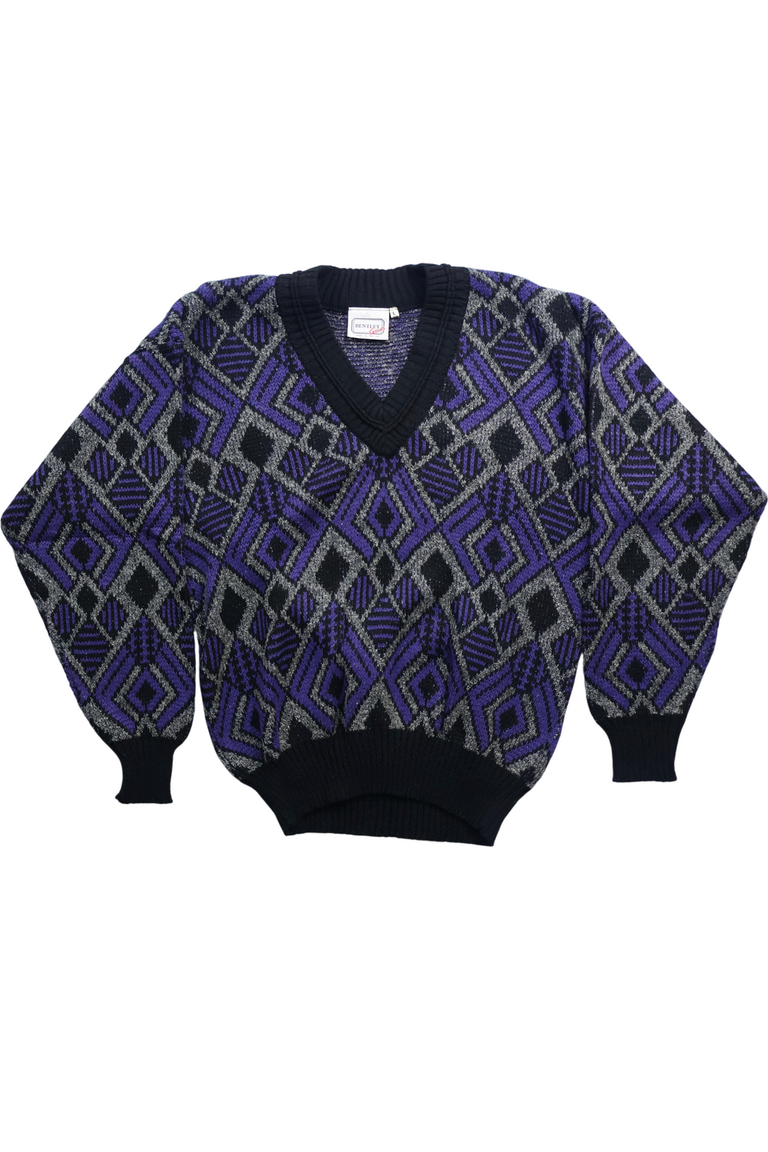 Bentley Patterned V-Neck Jumper - L - Think Vintage ltd