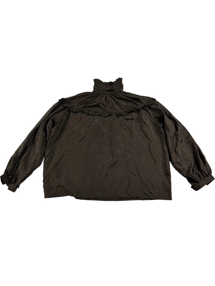 Biba Black Silk Ruffle High Neck Blouse - M - Think Vintage