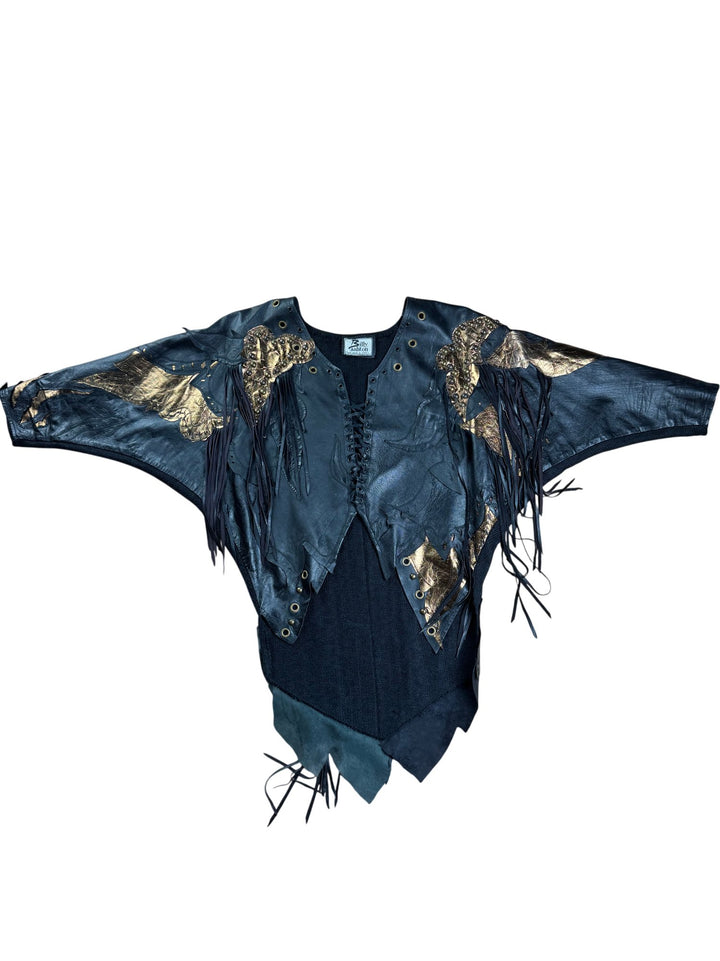 Billy Ashton Black Leather Fringe Top And Skirt - M