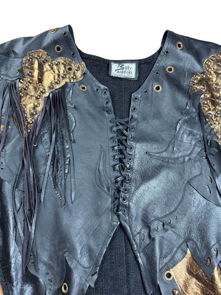 Billy Ashton Black Leather Fringe Top And Skirt - M