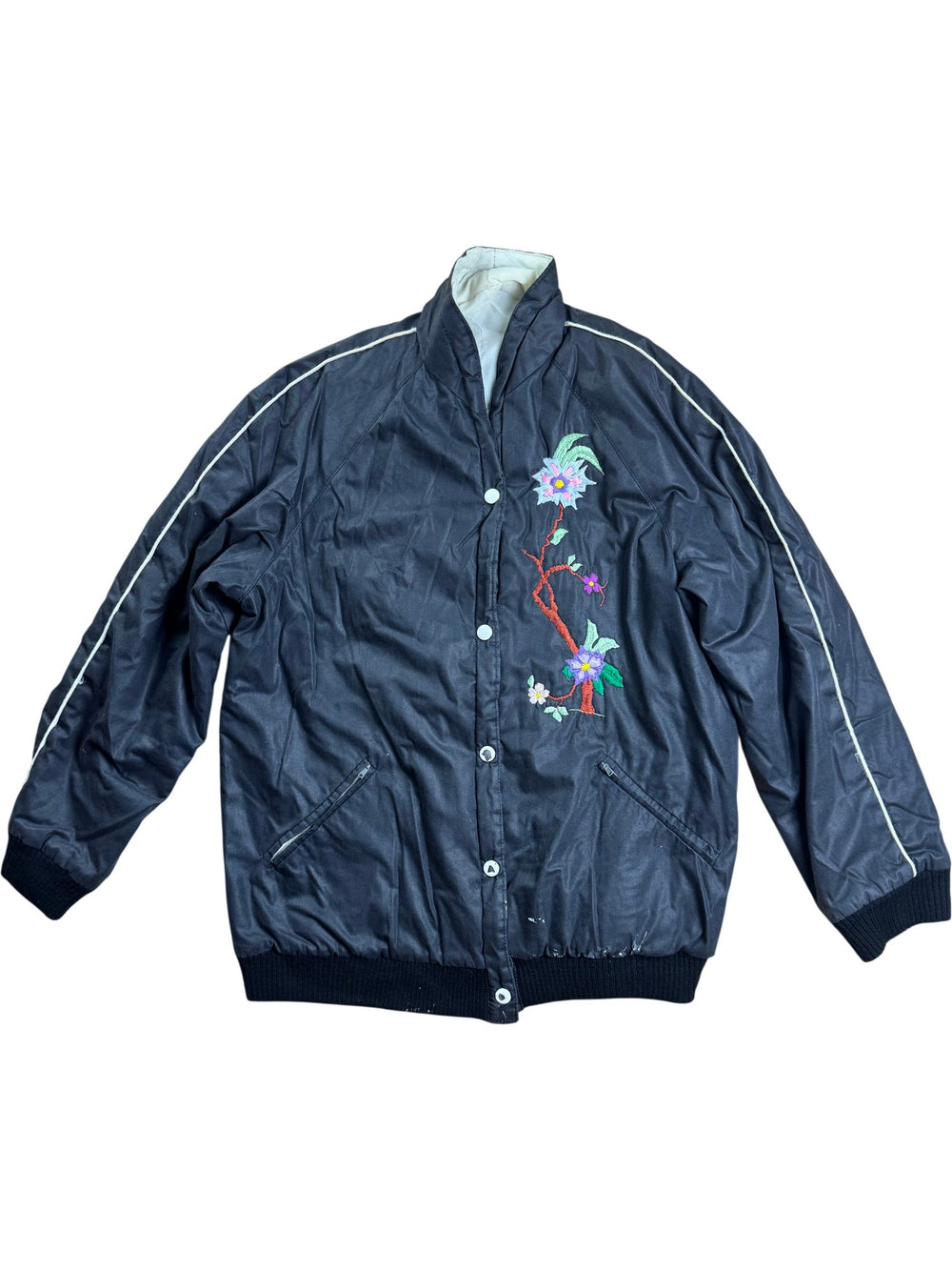 Black Blondie Embroidered Bomber Jacket - M - Think Vintage ltd