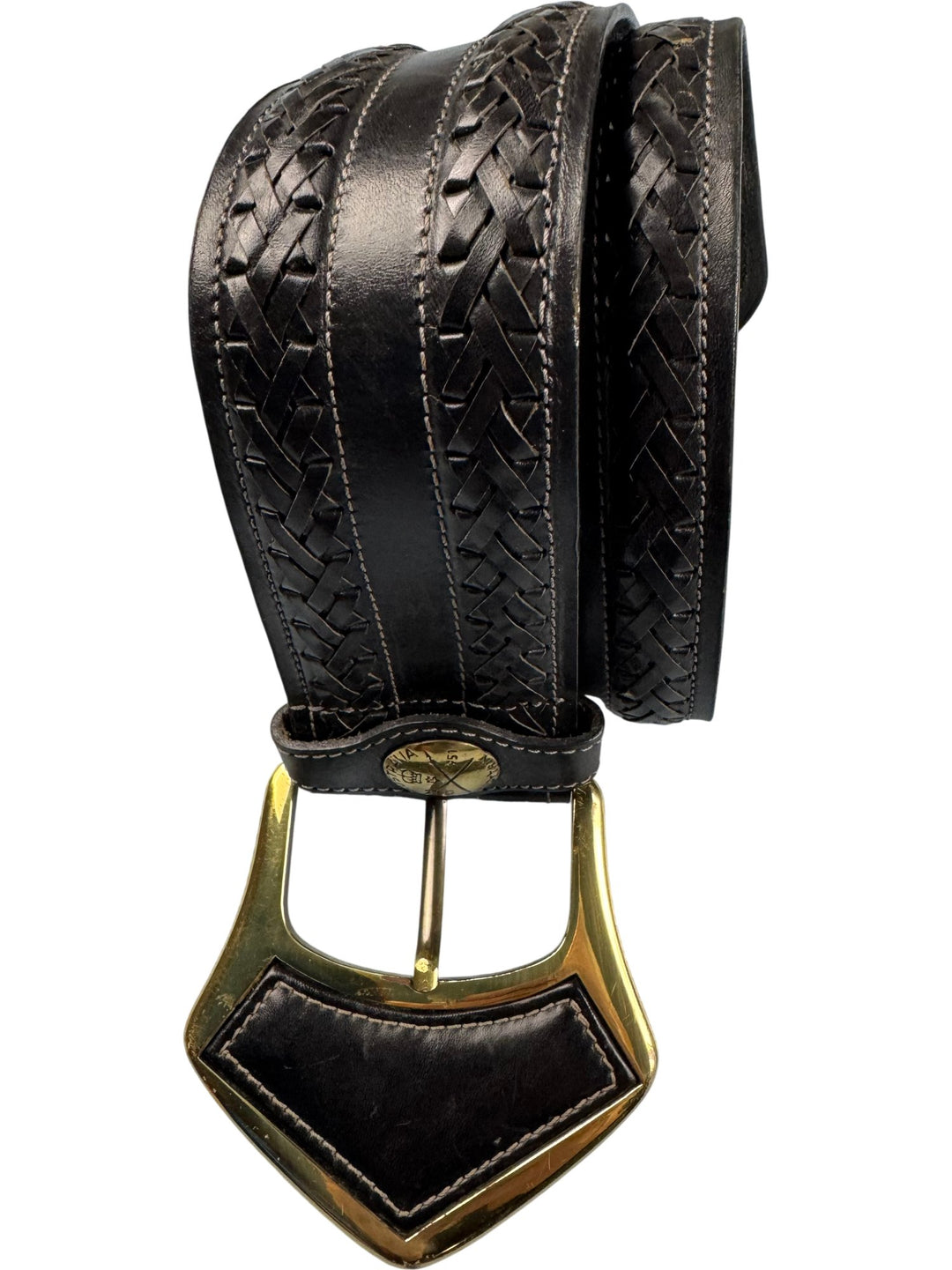 Black/Brown Leather Woven Belt with Brass Buckle - Think Vintage ltd