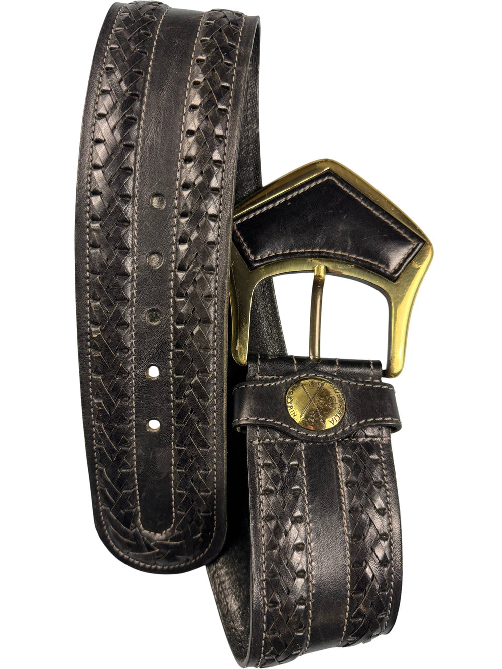 Black/Brown Leather Woven Belt with Brass Buckle - Think Vintage ltd
