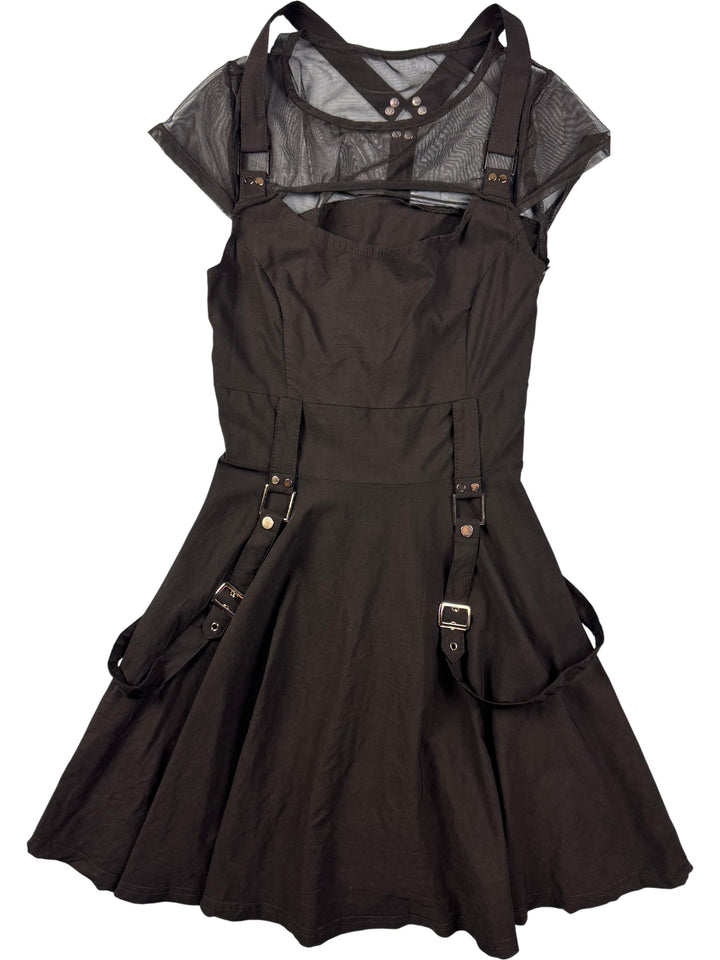 Black Cotton Blend Buckle Strap Dress - S - Think Vintage