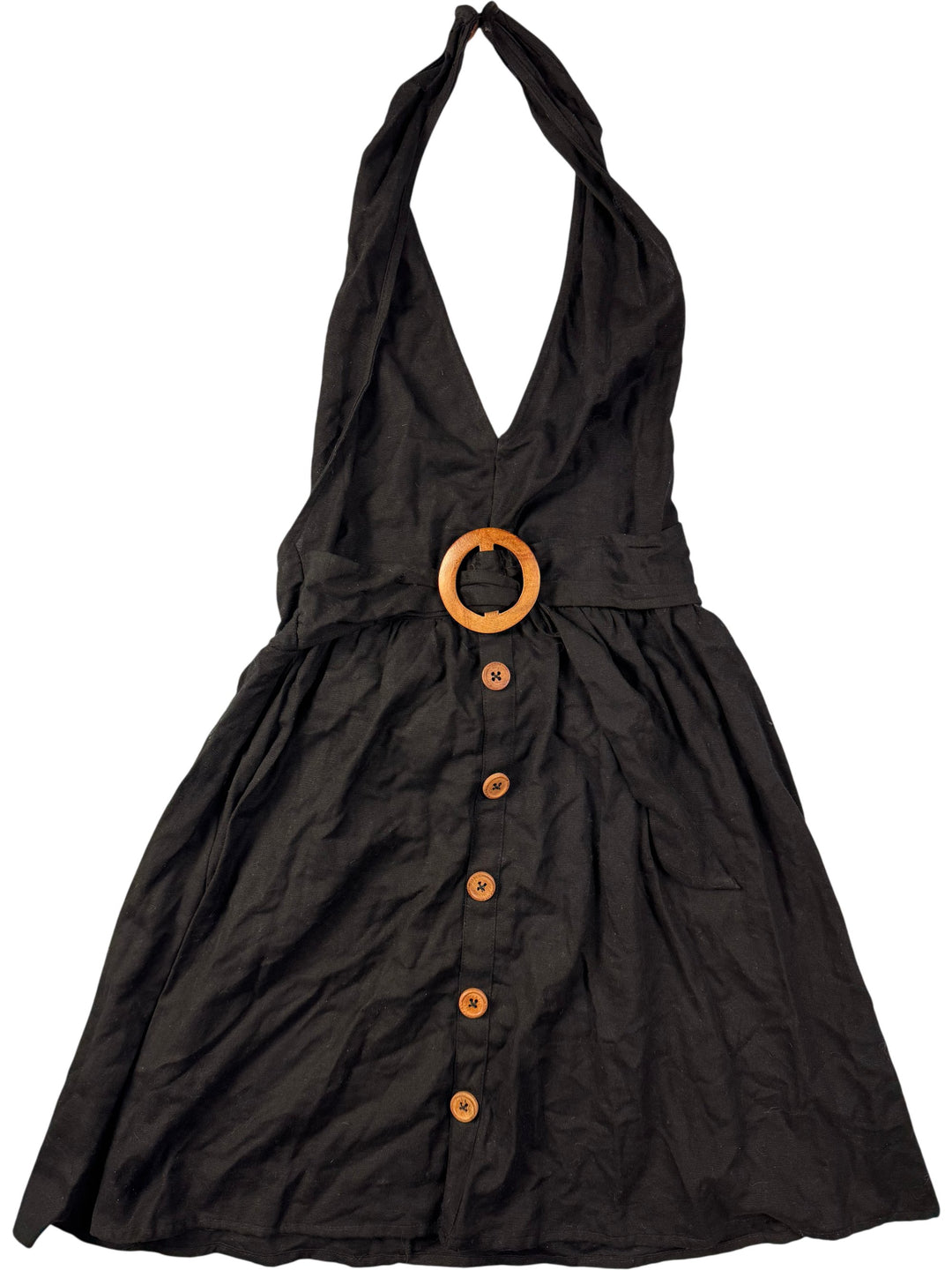 Black Halter Neck Buttoned Dress - S - Think Vintage