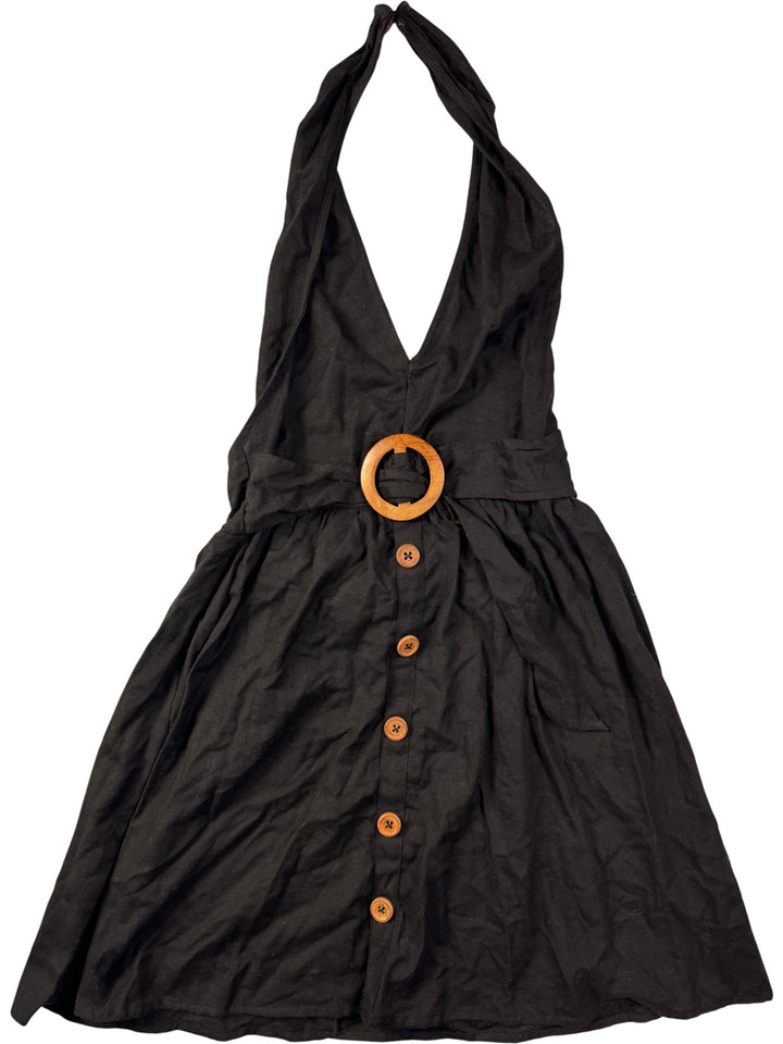 Black Halter Neck Buttoned Dress - S - Think Vintage
