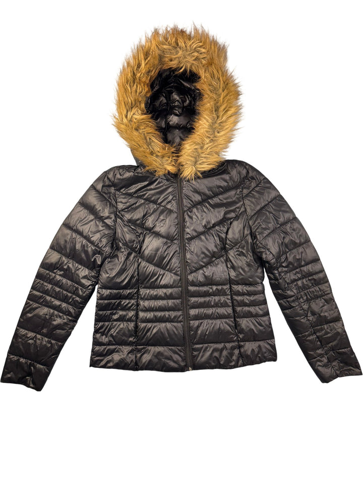 Black Hooded Puffer Jacket With Faux Fur Trim - M - Think Vintage ltd