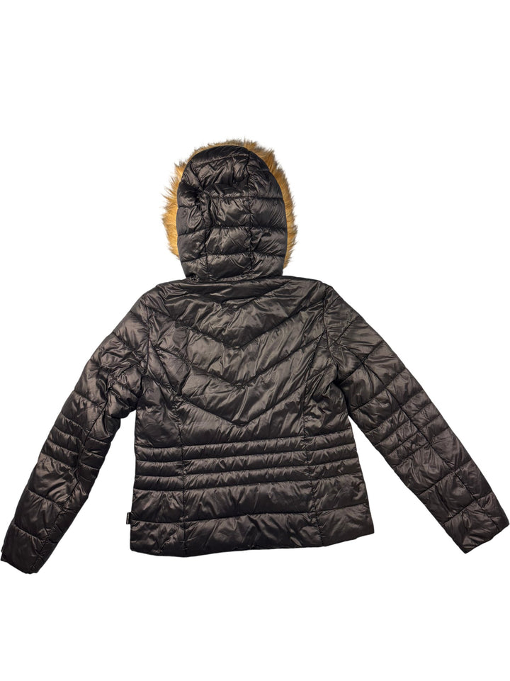 Black Hooded Puffer Jacket With Faux Fur Trim - M - Think Vintage ltd