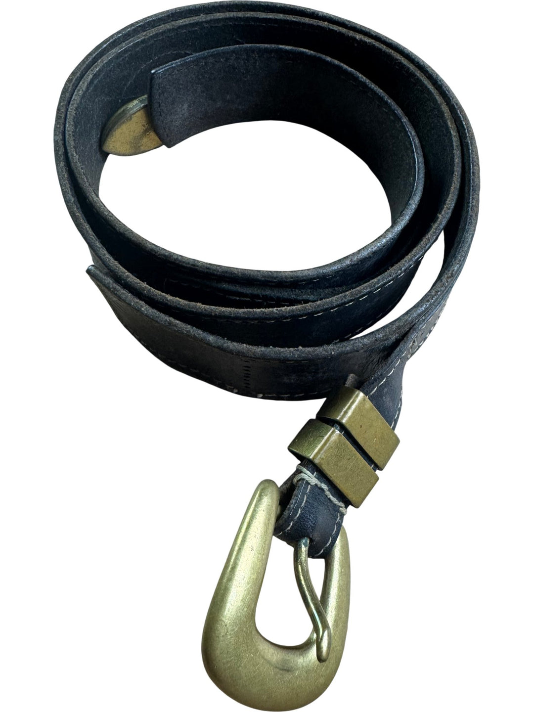 Black Leather Belt with Brass Buckle - W30-35 - Think Vintage ltd