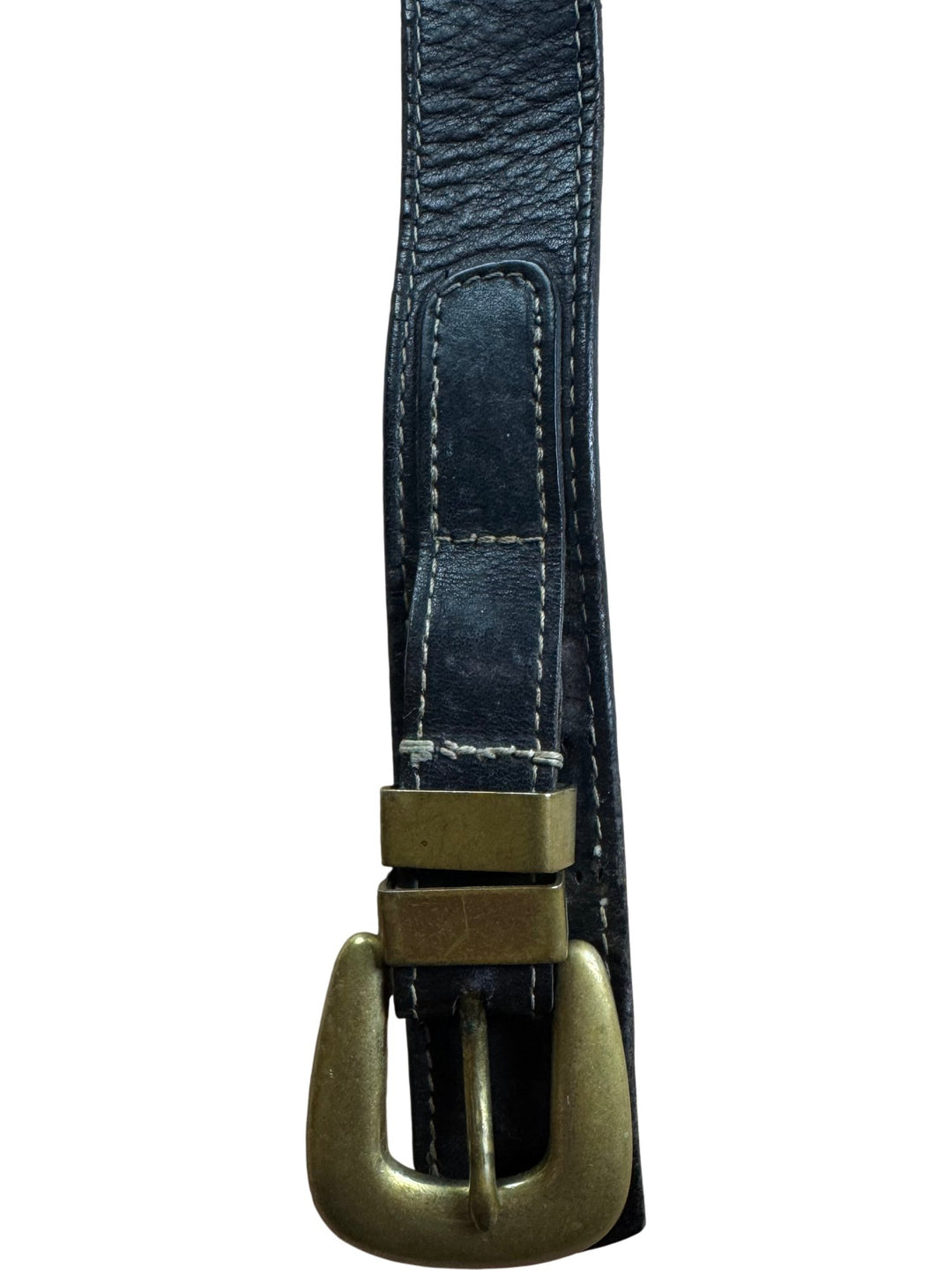 Black Leather Belt with Brass Buckle - W30-35 - Think Vintage ltd