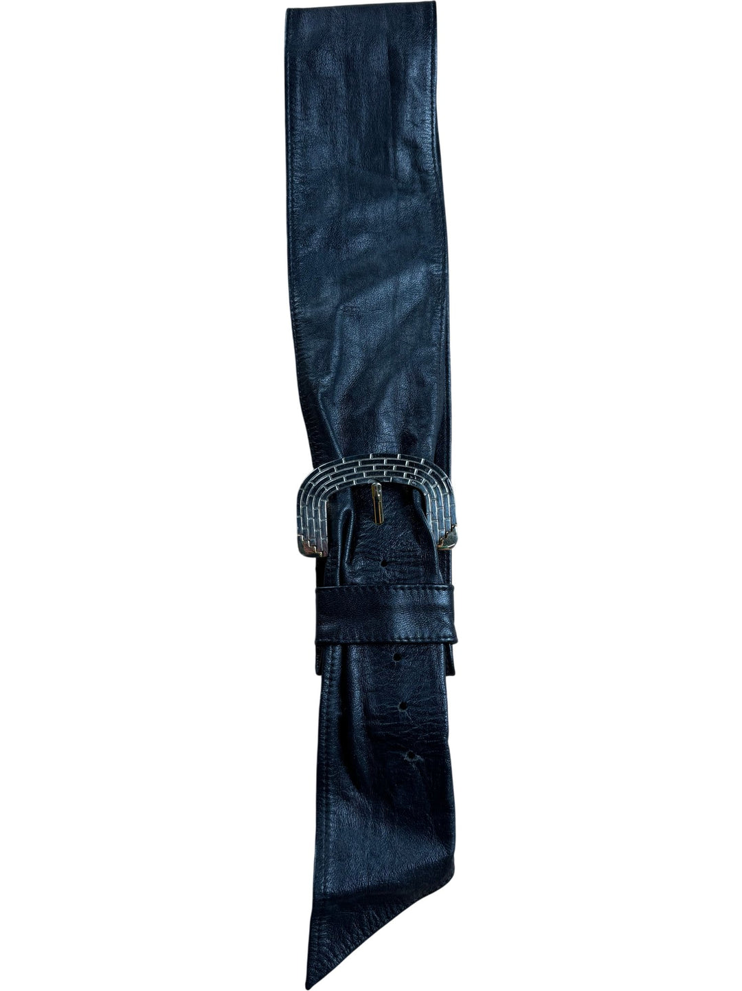 Black Leather Belt with Decorative Buckle - W28-34 - Think Vintage ltd