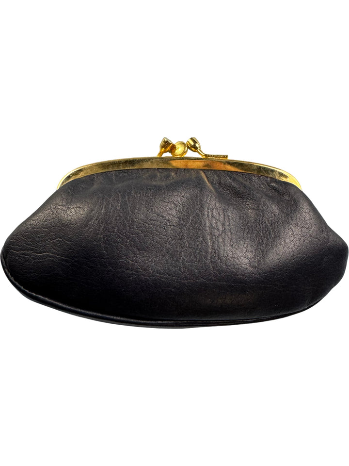 Black Leather Clutch Bag With Gold Frame - Think Vintage