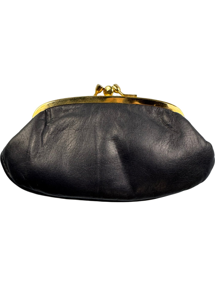 Black Leather Clutch Bag With Gold Frame - Think Vintage