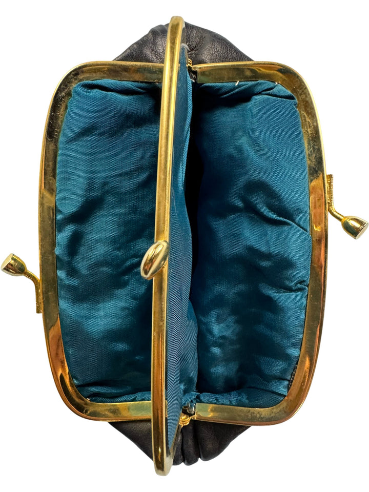 Black Leather Clutch Bag With Gold Frame - Think Vintage