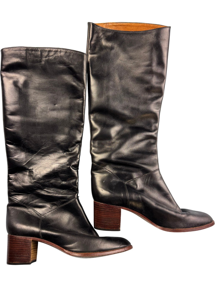 Black Leather Knee-High Boots - 7.5 - Think Vintage ltd