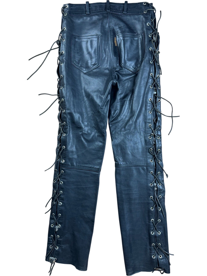 Black Leather Lace-Up Trousers - W28