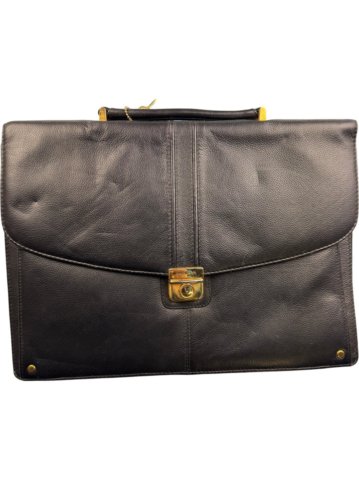 Black Leather Pierre Cardin Briefcase With Key Lock - Think Vintage ltd