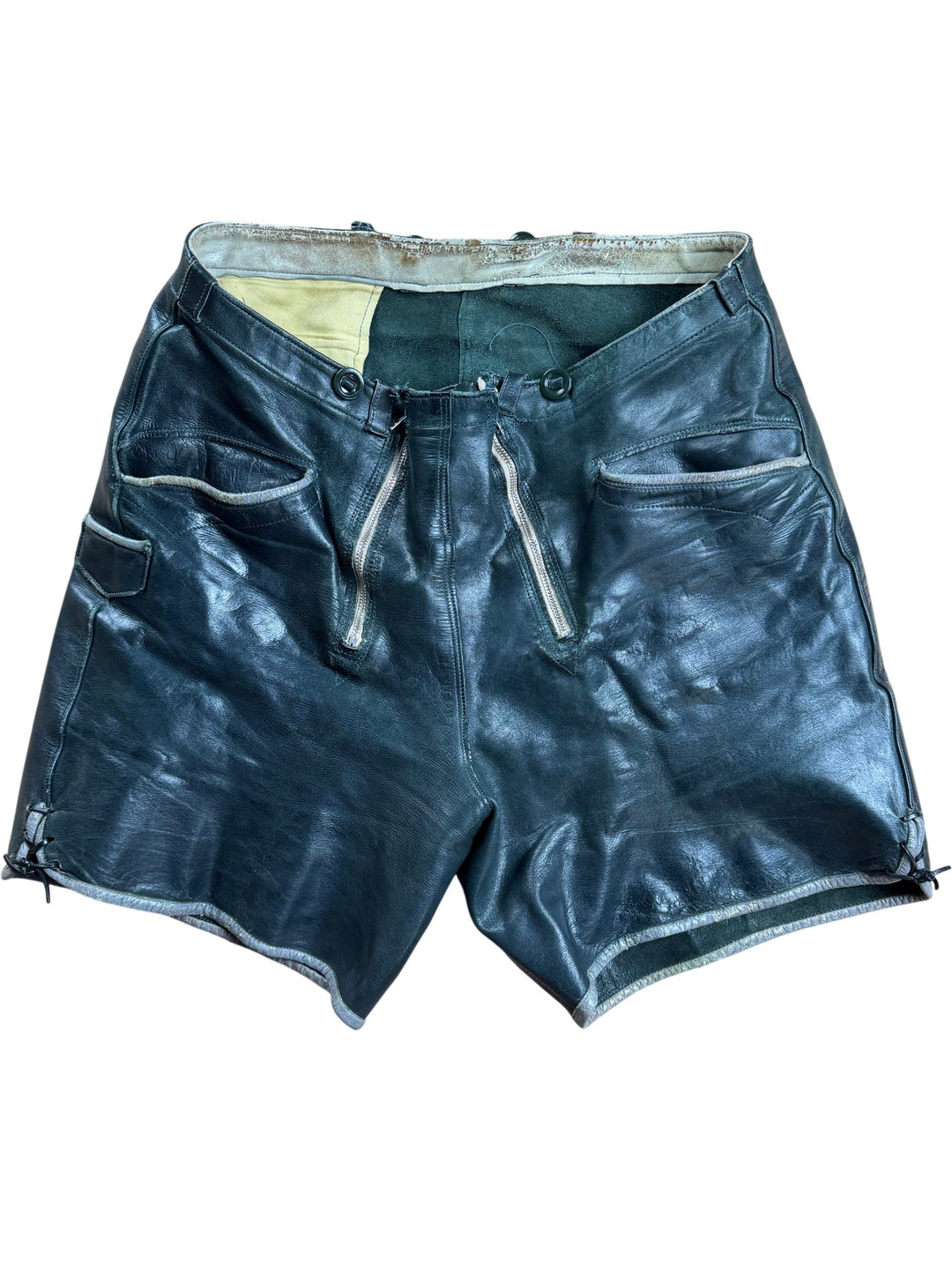 Black Leather Zip Shorts - W34 - Think Vintage ltd