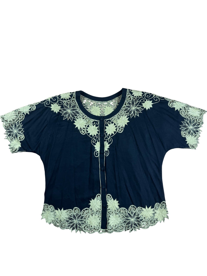 Black Rayon Lace Embellished Top - M - Think Vintage ltd
