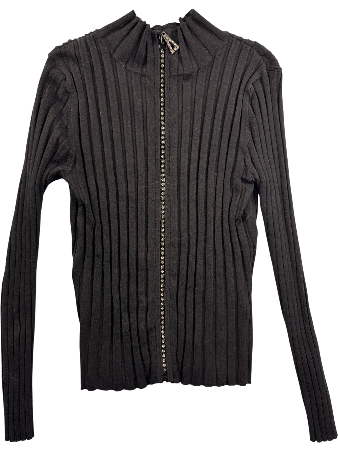 Black Ribbed Knit Zipper Cardigan - S - Think Vintage