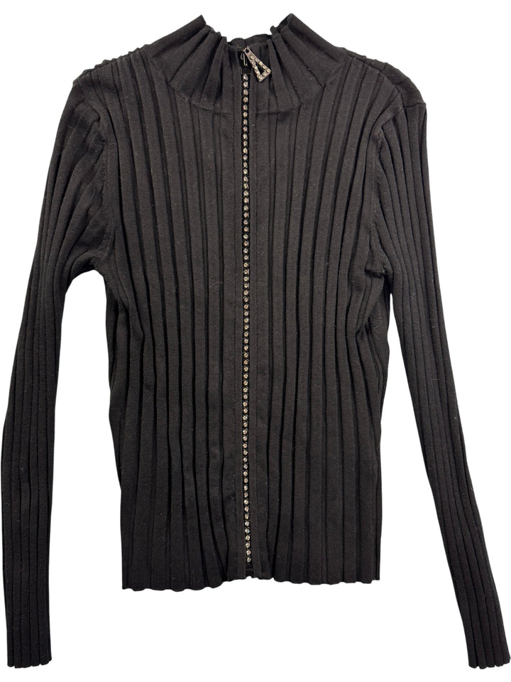 Black Ribbed Knit Zipper Cardigan - S - Think Vintage