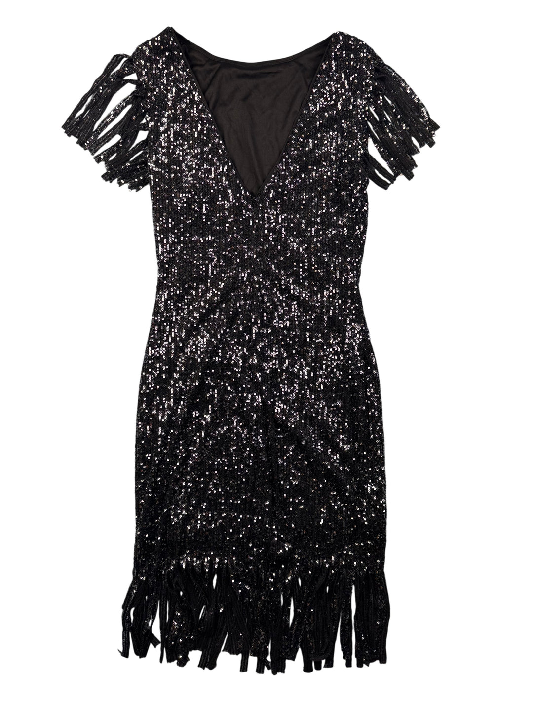 Black Sequin Fringe Dress - S - Think Vintage Online Ltd
