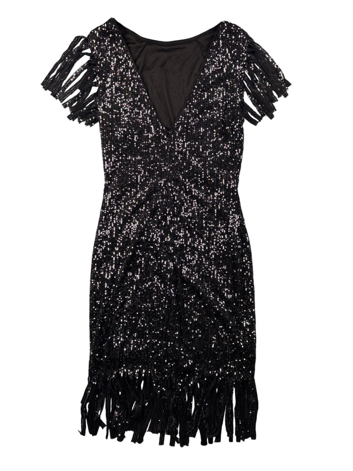 Black Sequin Fringe Dress - S - Think Vintage Online Ltd