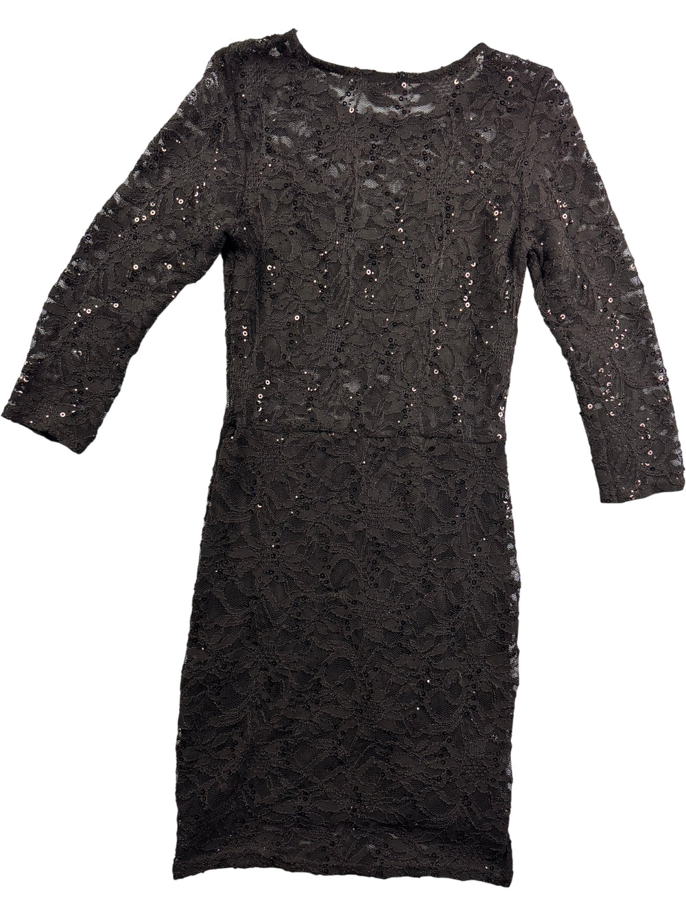 Black Sequin Lace Dress with Long Sleeves - S - Think Vintage