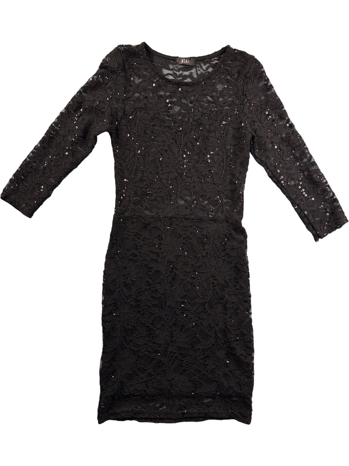 Black Sequin Lace Dress with Long Sleeves - S - Think Vintage ltd