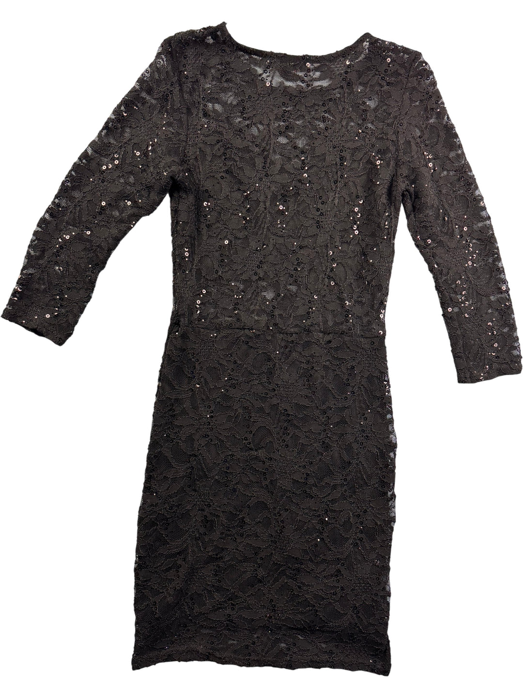 Black Sequin Lace Dress with Long Sleeves - S - Think Vintage ltd