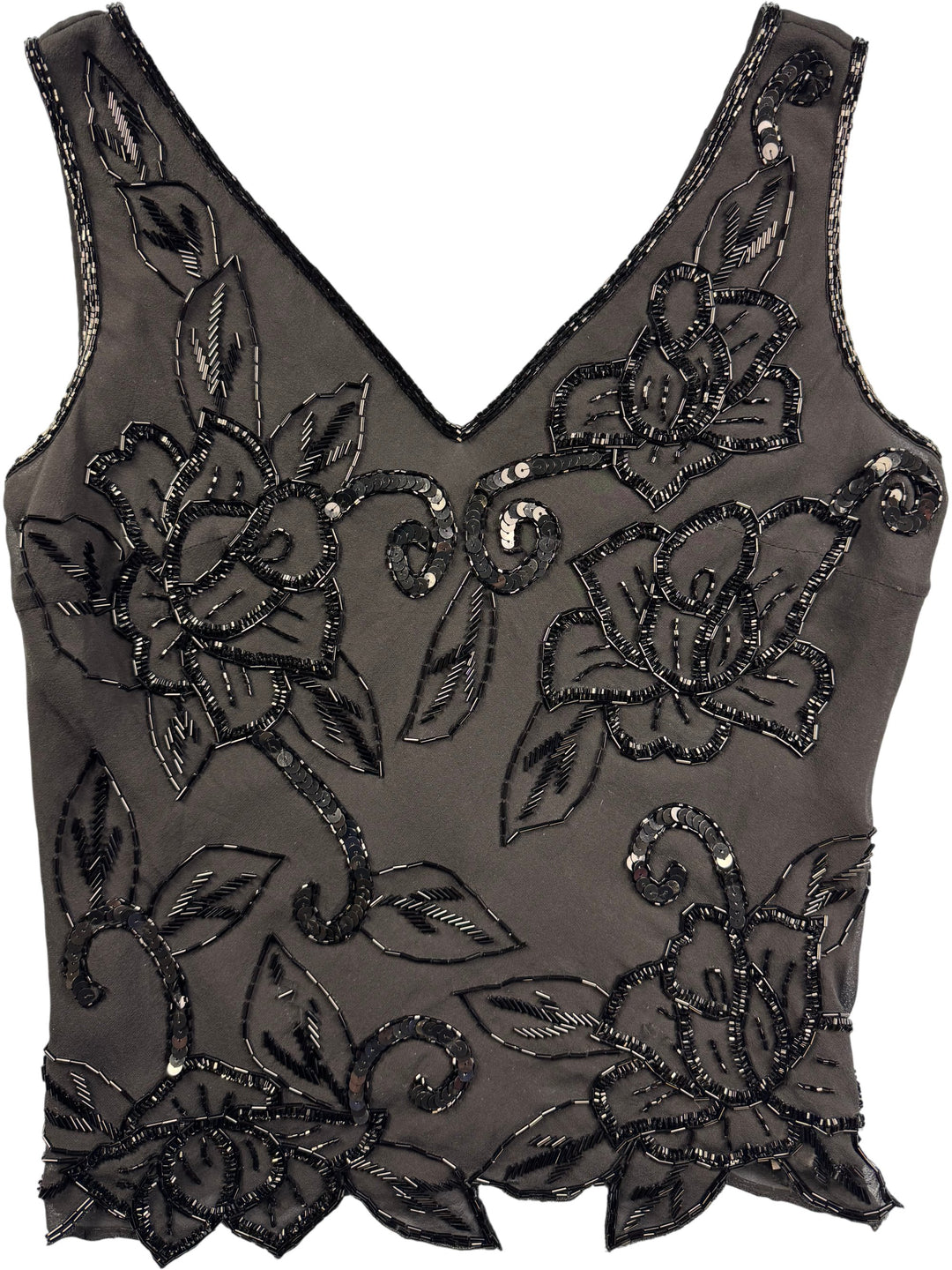Black Silk Embellished Tank Top - M - Think Vintage