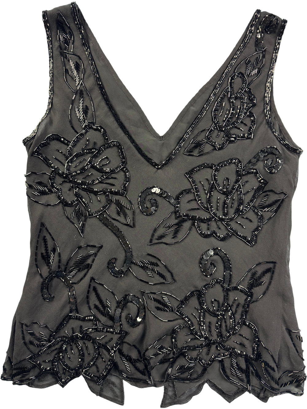 Black Silk Embellished Tank Top - M - Think Vintage