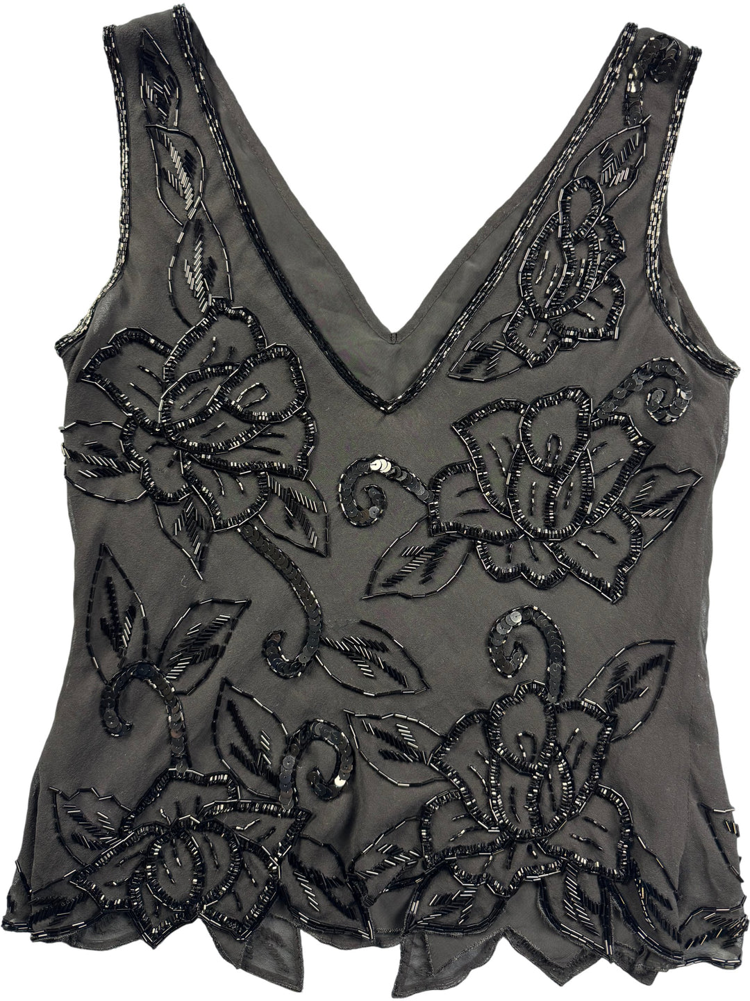 Black Silk Embellished Tank Top - M - Think Vintage