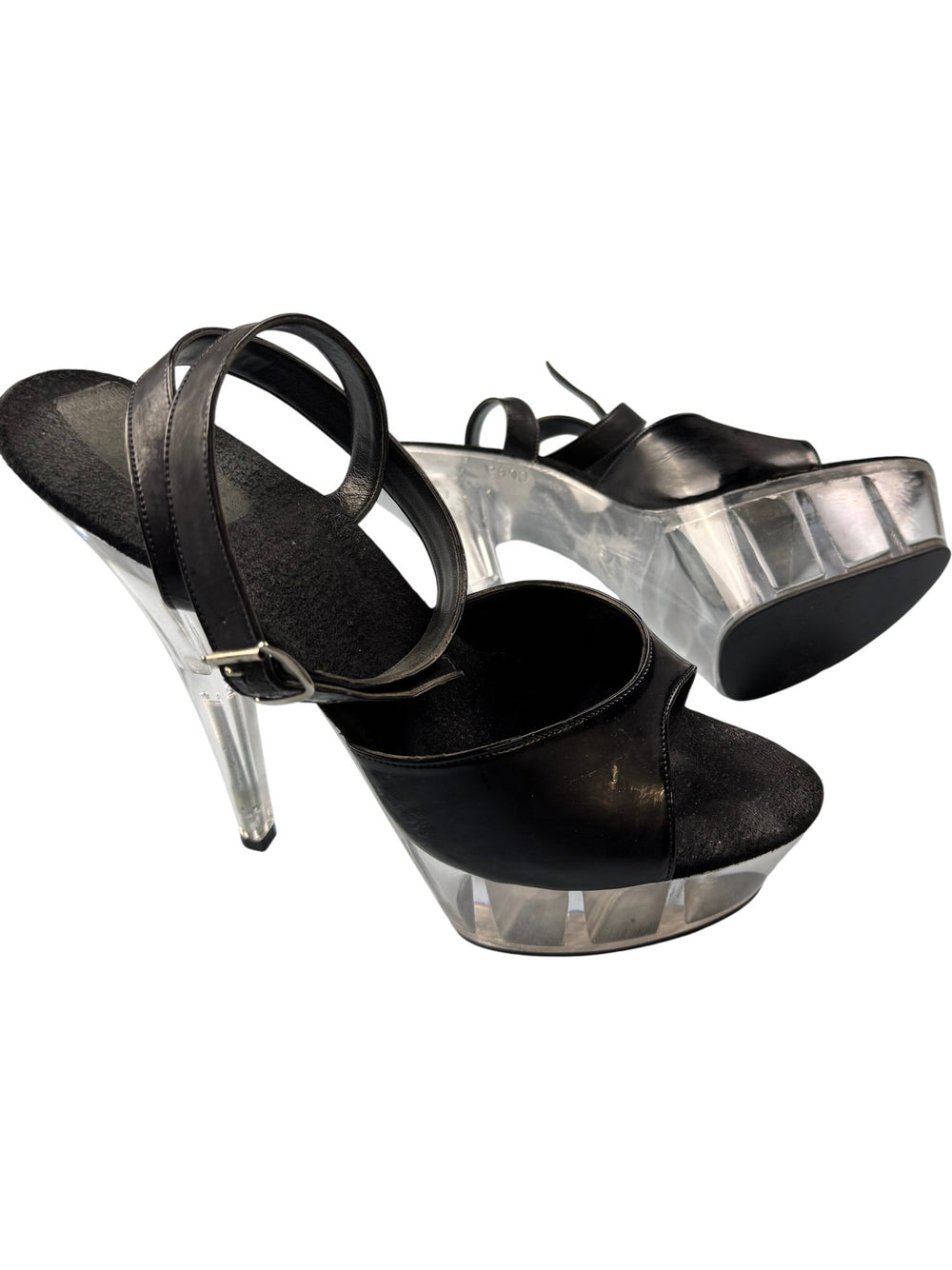 Black Strap Sandals with Clear Heels - Size 7 - Think Vintage ltd
