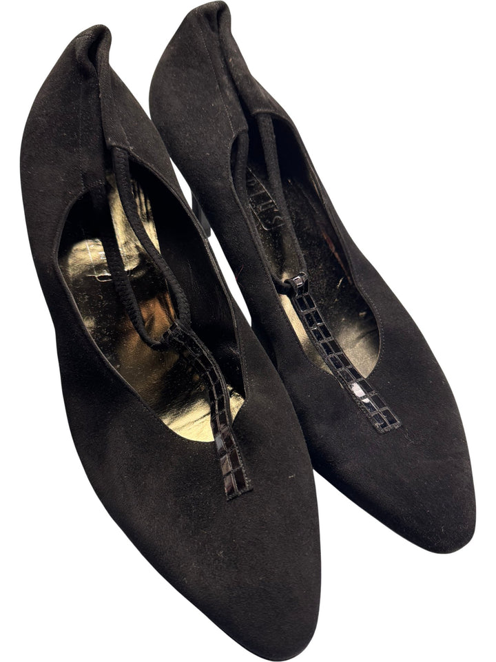 Black Suede Kitten Heel Shoes - 8 - Think Vintage ltd