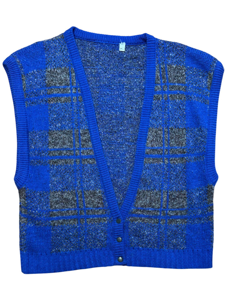 Blue Checkered Sleeveless Knit Vest - M