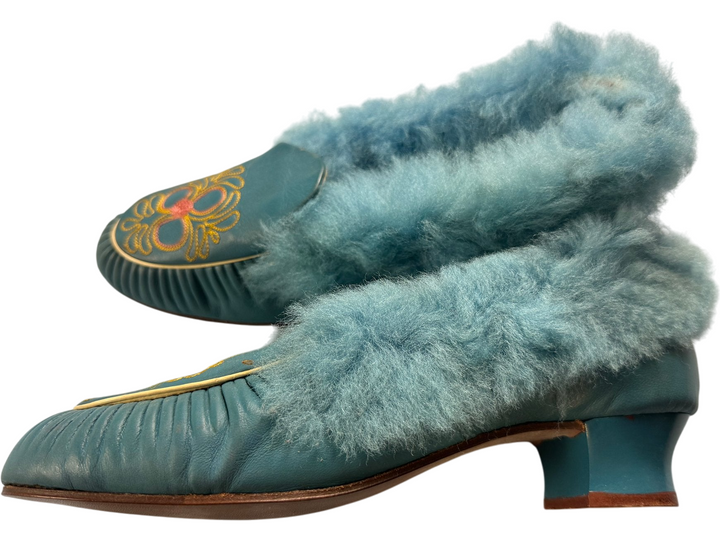 Blue Embroidered Fur Lined Slippers - 5 - Think Vintage