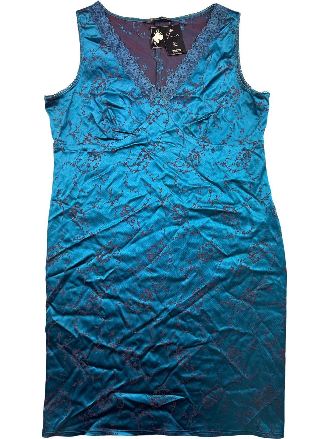 Blue Floral Lace Trim Slip - L - Think Vintage Online Ltd