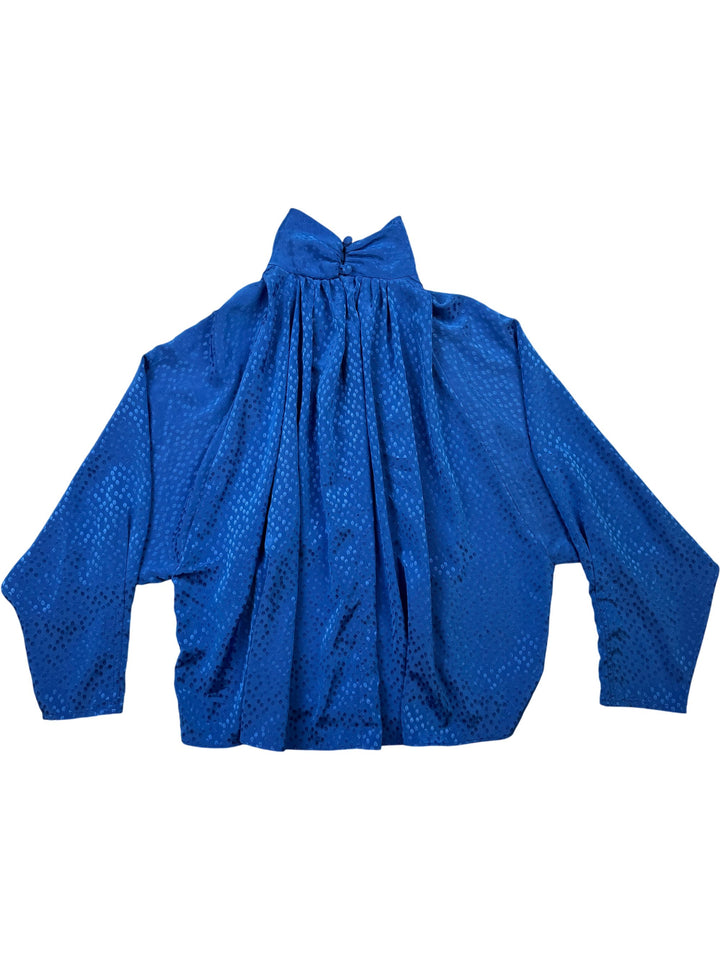 Blue High Neck Long Sleeved Blouse - M - Think Vintage ltd