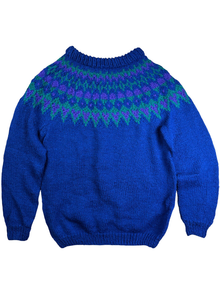 Blue Knit Sweater with Geometric Pattern - M