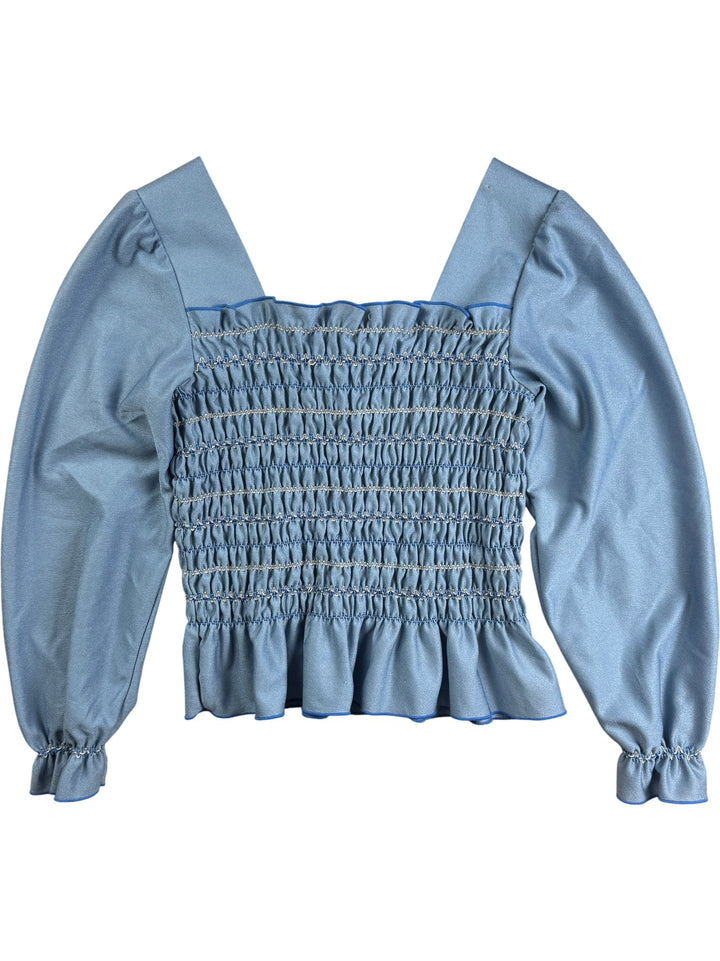 Blue Smocked Long Sleeve Blouse - XS