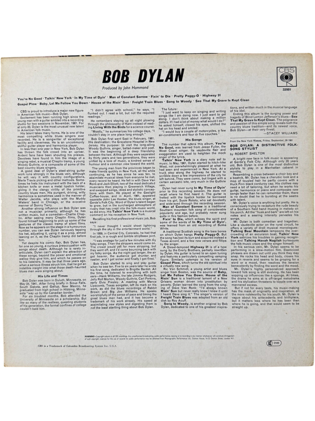 Bob Dylan Self-Titled Debut Album Vinyl - Very Good