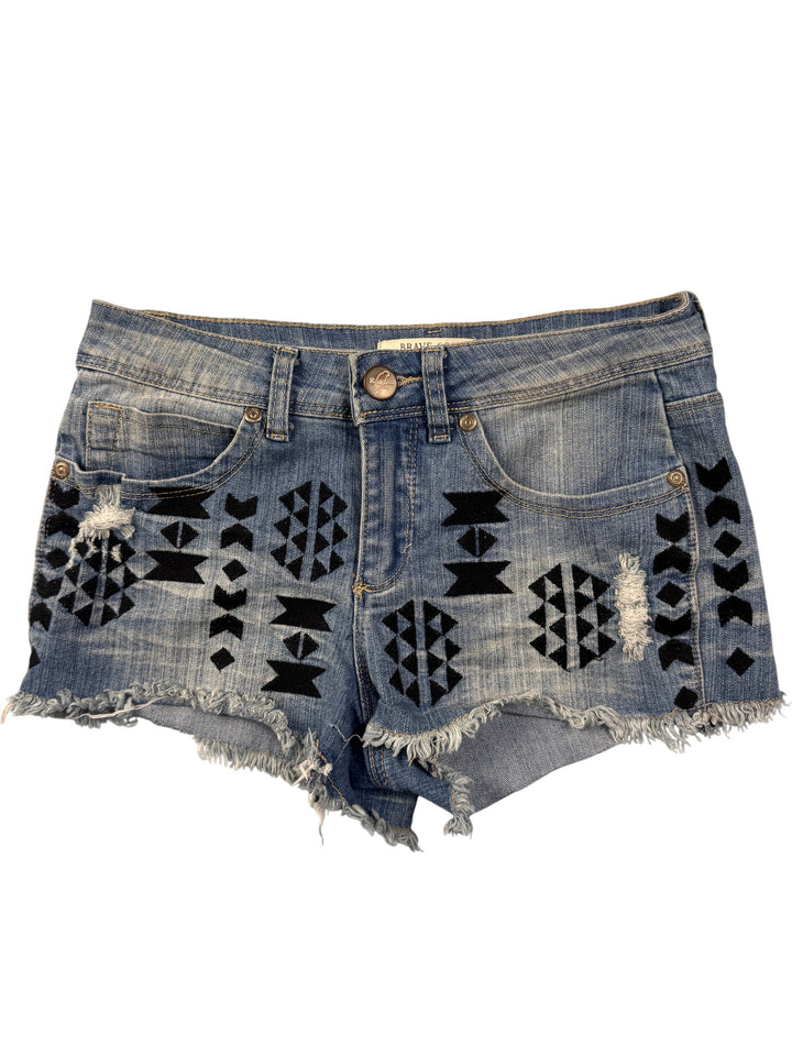 Brave Soul Aztec Pattern Denim Shorts - S - Think Vintage Online Ltd