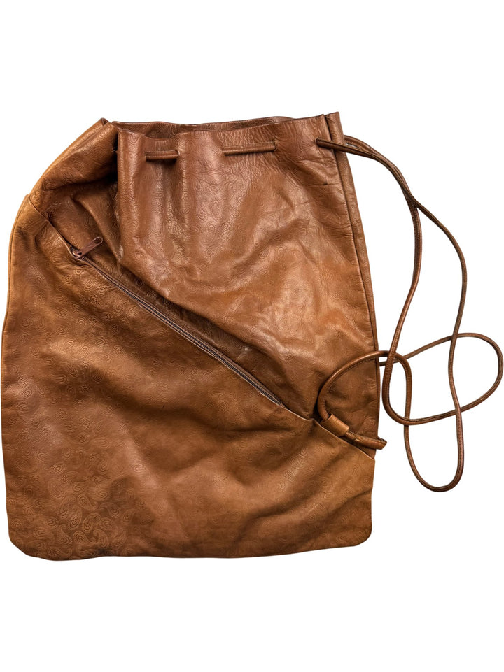 Brown Embossed Leather Drawstring Bag - Think Vintage ltd