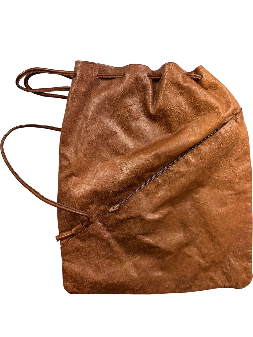 Brown Embossed Leather Drawstring Bag - Think Vintage ltd