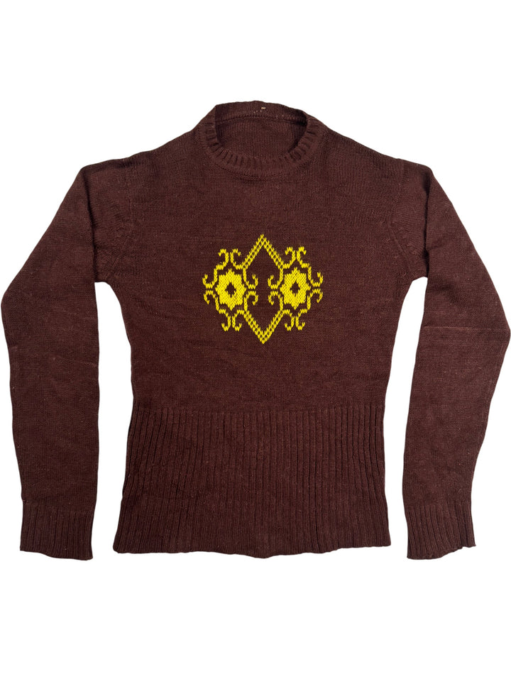 Brown Knit Sweater with Yellow Geometric Design - XS - Think Vintage Online Ltd