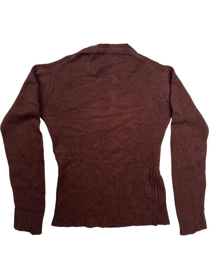 Brown Knit Sweater with Yellow Geometric Design - XS - Think Vintage Online Ltd