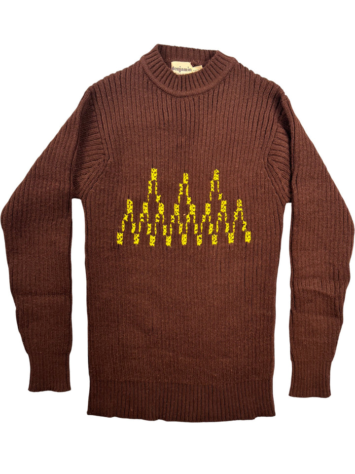 Brown Ribbed Sweater with Yellow Pattern - XS - Think Vintage