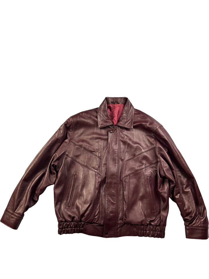Burgundy Leather Bomber Jacket - L - Think Vintage